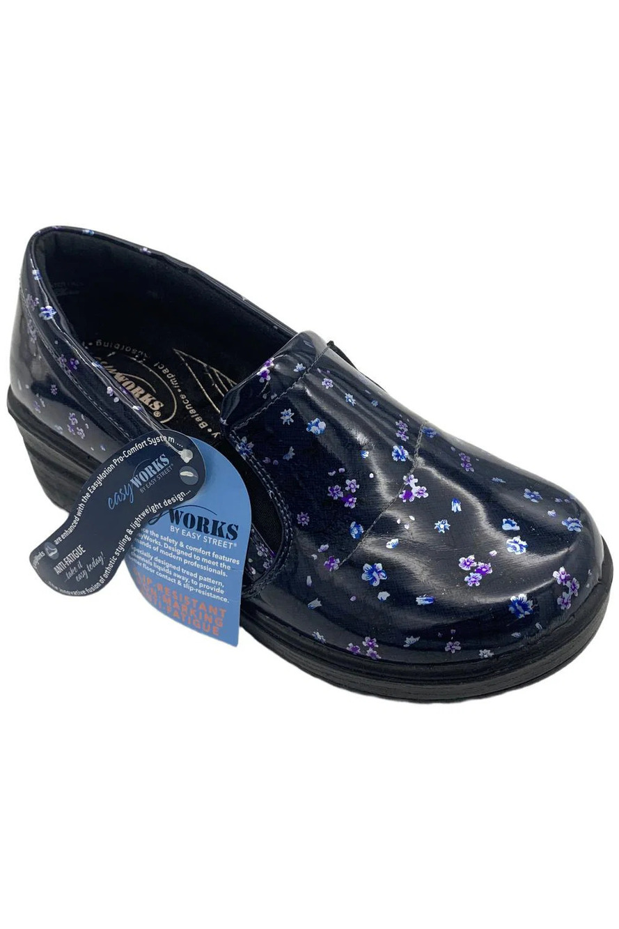 Easy Works By Easy Street Clogs Leeza Navy/Floral/Patent - Extra Wide